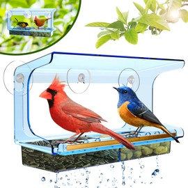 LUJII Colored Transparent Window Bird Feeder with Strong Suction Cup, All One Piece Super Sturdy, Backless Design with Large Viewing, Accommodates Large Birds Like Cardinals or Bluebirds, Blue