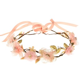 June Bloomy Women Floral Crown White Blush Flower Headband Boho Flower Girl Headpiece Wedding Hair Wreath(Blush)