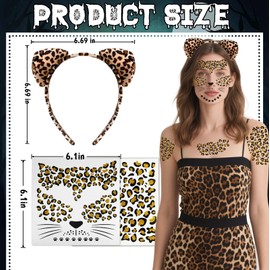 Cheetah Leopard Ears Headband & Face Stickers Tattoos Set- Leopard Print Cat Ears Headband for Cheetah Costume Women Adult Kids, Halloween Cosplay Party Accessories