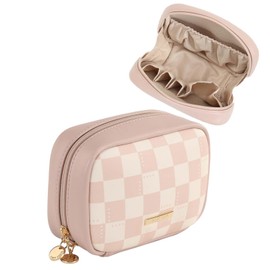 Makeup Pouch, Cosmetic Pouch, Checkered Pattern, Pink, PU Leather, Dividers, Cushioned, Portable, Travel, Commuting, Going Out, Portable, Korean Style, Cosmetic Storage, Small, Lightweight, Present
