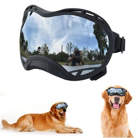 Soft Dog Goggles Large Breed Anti-UV Dog Sunglasses,Large Dog Sunglasses for Medium-Large Dogs Dustproof Windproof Snowproof Sking Dog Eye Protection (Black Frame & Silver Lens/Small)