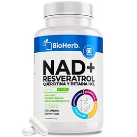 BioHerb® | NAD+ Riboside Potenciado con Resveratrol 98%, Quercetina, NMN y Betaína HCL con 60 Cápsulas de Alta Concentración de Polifenoles, Licopeno 