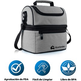Bluelander Lonchera Portátil para Adulto de Dos Pisos Aislamiento Térmico, Bolsa Hielera de Almuerzo para Hombre y Mujer con Asas, Correa Ajustable Para Hombro, Impermeable y Térmica (Gris)