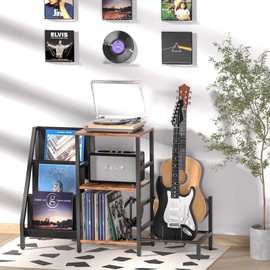 Coco Bird Record Player Stand,Record Player Table with Record Storage 200 Albums,Guitar Stand for Acoustic Guitar、 Electric Guitar、 Bass with Turntable Stand,Record Stand for Music Room & Living Room