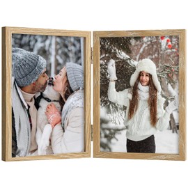 Frametory, Double 5x7 Hinged Picture Frame in Beige - Stand on Desktop or Tabletop - Definition Glass - Classic Display for Photos and Memories