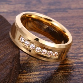 Mens Womens 8mm Tungsten Carbide 18k Gold Ring Fashion Luxury Zircon Wedding Couple Engagement CZ Band, White Gold,Stainless Steel,18k Gold,Platinum,Titanium,Gold,Metal,Tungsten,Tungsten Carbide,