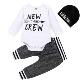 JIUHKQK Newborn Baby Boys Clothes Outfits Girls Long Sleeve Letter Print Romper + Sweatpants + Hat Set (Grey, 18-24M)