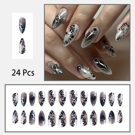 24 Pcs Almond Press on Nails Medium Length Nails Black Fake Nails with Punk Designs Black Gradient Acrylic Nails Full Cover French False Nails 3D Rhinestones Stick on Nails for Women Girls Nail Art