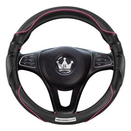 HighnessHwoo 3D Car Steering Wheel Cover Comfort Grip Massage Sporty Anti-Slip Carbon Fiber Faux Leather for Sedan SUV, Universal Fit, Car Handle Covers for All Seasons, 14-15in, Pink