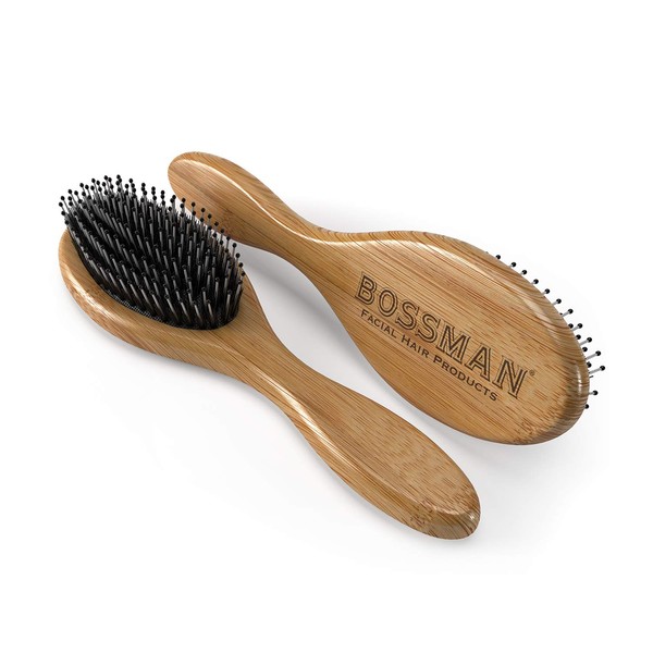 Bossman Boar and Nylon Bristle Hair and Beard Brush - Detangles & Straightens - Wooden Oval Wet Brush for Men