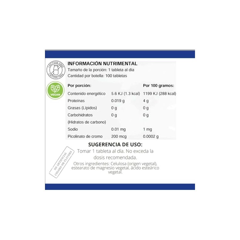 Picolinato de cromo 200 mcg sumunistro 100 días