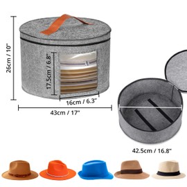 Winter Shore Round Hat Box with Lid Grey - Foldable Hat Storage Boxes Fabric with Zip, Transparent Window, Leather Handle - Moisture/Dustproof Felt - 43 x 26 cm