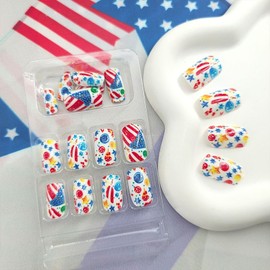 Independence Glue on Nails Medium Square Press on Nails 4th of July False Nails Multicolor Candy Blue Stars Design Kite July 4th Nails Press ons White Fake Nails for Girls and Women 24Pcs