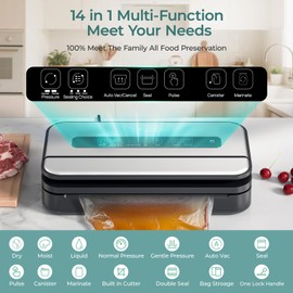 Upgraded Vacuum Sealer for Food, 90kpa 14 in 1 Food Sealer Vacuum Sealer Machine Pro Max, Easy Lock Handle/Sous Vide Friendly, Liquid/Dry/Moist Food Saver Storage Vacuum Sealers with 2 Roll Bags