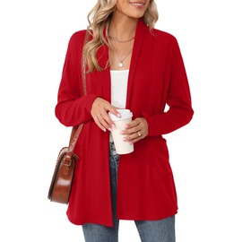 Rapbin Womens Lightweight Black Cardigan Long Sleeve Open Front Cardigans Casual Outerwear with Pockets(Red,M)