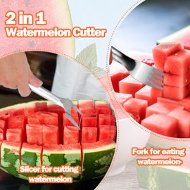 3PCS Watermelon Cutter Slicer Tool - 2 In 1 Stainless Steel Fruit Cutter with Slicer and Fork, Multifunctional Watermelon Cutter for Mango, Apple, Pear, Dragon Fruit on Parties or Camping Trips