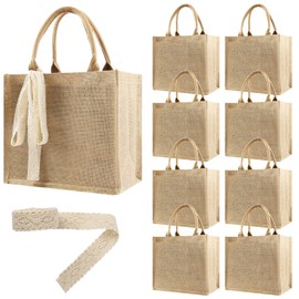 HEVMEVENI 8 Large Burlap Tote Bags Bulk, Reusable Jute Tote Bag with 10Yd Ribbon Blank Burlap Gift Bag with Handle Waterproof Beach Tote Bag for Shopping Bridesmaid Gift Bag 12.2''x10.6''x6.3''