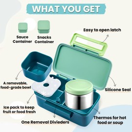 PIQUEBAR Kids Lunch Bento Box with Thermo Ice Pack Food Container with Insulated Lunch Bag, Insulated Water Bottle with Straw for Girls Boys, (A-Green)