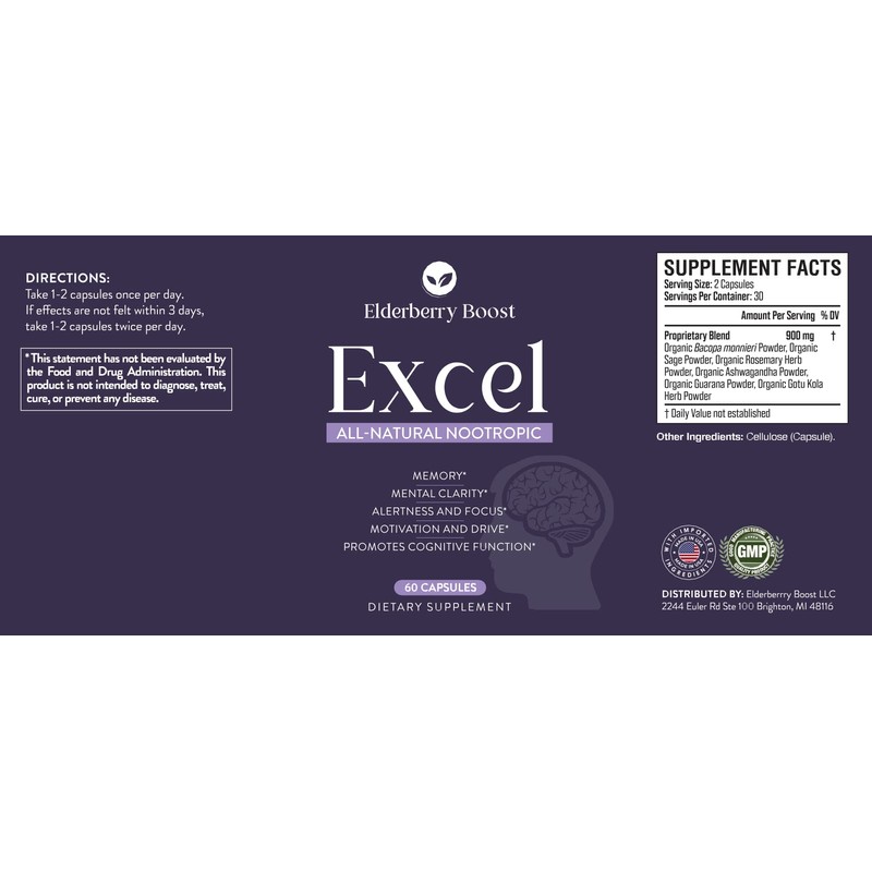Elderberry Boost Excel - All-Natural Brain Supplement, Increase Productivity, Safe