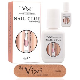 15g x 2 Extra Strong Nail Glue with Brush and Free Prep File Clear Instant Dry Glue Professional Salon Quality By Vixi