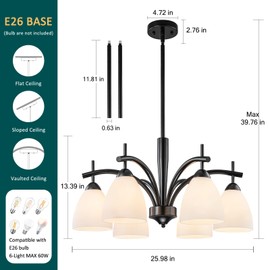 Xyndraph 25.6" Black Chandelier, 6-Light Modern Farmhouse Chandelier with Frosted Milk Glass Shades, Dimmable Pendant Lighting Fixture for Dining Room, Living Room, Kitchen Island
