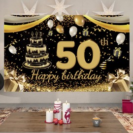 110x180cm Large Size Happy Birthday Banner 50th Black Gold Birthday Decoration Suitable for Men Women Any Birthday Celebration Background Decorations Tablecloth
