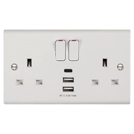 Deta S1288 Slimline 13A 2 Gang Switched Socket with 3 USB Ports (1 x Type C + 2 x Type A, 4.0A)