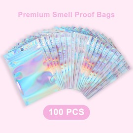 100PCS Resealable Holographic Bags, Smell Proof Bags - 5x8 Inch Sealable Mylar Sample Pouch Gift Baggies, Holographic Rainbow Foil Zipper Lock poly Bags for Jewelry, Lash, Lip Gloss, Candy Snack