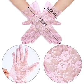 Sucrain 2PCS Fascinators Hat Veil Hair Clip and Short Lace Gloves, Flower Headband with Lace Glove 50s Vintage for Wedding Cocktail Tea Party (US, Alpha, One Size, Pink)