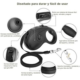 Cheelom Correa Retráctil para Perros Durable Correa ajustable para perro de 5M para perros pequeños medianos grandes de hasta 35kg botón dispensador de desechos para perros y bolsas incluidas(negro)