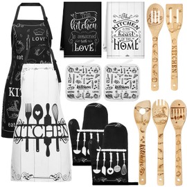 Bencailor 13 Pcs Farmhouse Kitchen Towels Oven Mitt and Pot Holder Apron Spoon Set 5 Wooden Spoon 2 Farmhouse Kitchen Towels 2 Apron 2 Oven Mitts 2 Pot Holders(Black White,Kitchen)