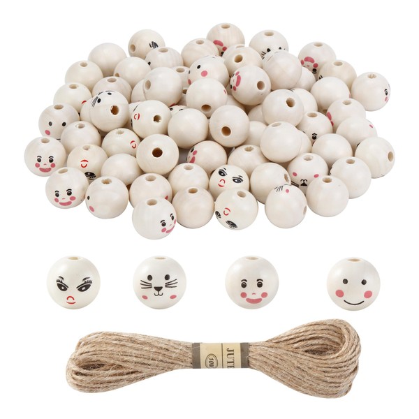 Pack of 120 Wooden Beads with Face, Round Wooden Beads, 20 mm, Threadable Wooden Beads with Holes, Unfinished Wooden Beads for Crafts, Threading Jewellery, Crafts, Decorative Accessories