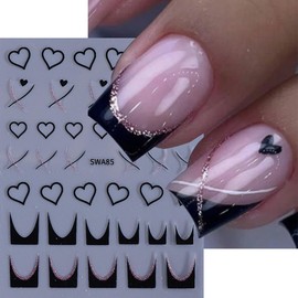 Heart Nail Stickers for Nail Art Valentine's Day Heart Nail Art Sticker 6PCS Black White Blue Empty Heart French Tip Valentine Nail Adhesive Decals Nail Art Supplies for Women DIY Nail Art Decorations