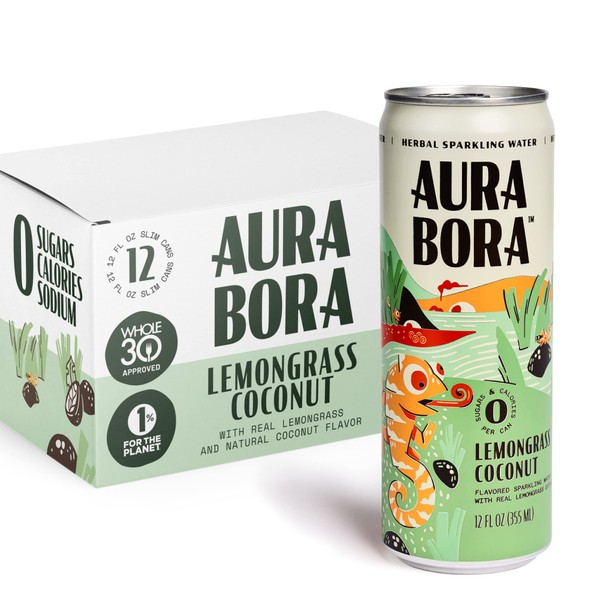 Aura Bora Lemongrass Coconut Flavored Herbal Sparkling Water, Sugar Free, 12 Fluid Ounces (Pack Of 12)