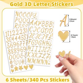 6 Sheets Gold Puffy Letter and Number Stickers 1 inch Gold 3D Alphabet Letter Stickers Waterproof Golden Foam Stickers for Mailbox Poster Scrapbooking Sign Graduation Cap Decor DIY
