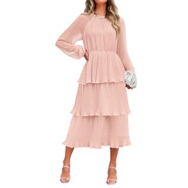 ZESICA Women's 2025 Long Sleeve Crew Neck Ruffle Tiered Layered Chiffon Flowy Swing Long Midi Dress,Pink,Large
