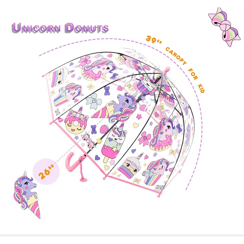 MRTLLOA Kids Pink Unicorn Clear Bubble Umbrella, Toddler Grip Curved