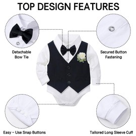 Yoolhamy Baby Boys Formal Suit, Infant Gentleman Outfit Clothes Sets 0-18M Newborn Wedding Birthday Bodysuit + Pants + Waistcoat + Bow Tie + Corsage (UK, Age, 12 Months, 18 Months, Navy Blue)