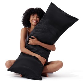 Bedsure Satin Body Pillow Pillowcase, Similar to Silk Body Pillow Cover with Zipper, Soft & Breathable Long Pillow Case, Cooling & Silky Long Pillowcase for Hair and Skin, Gifts, Black, 20x54 Inches