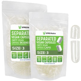 XPRS Nutra Vegan Size 3 Separated Capsules- 500 Count Premium Empty Caps Separated in Bags - Clear Empty Capsules - Pills for DIY Supplement Filling