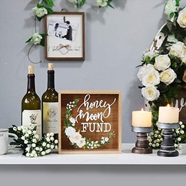 Hanna Roberts Honey Moon Fund and Card Rustic Wood Box with Mixed Floral Garland Design for Weddings, Birthdays, Graduations, Baby and Bridal Showers, 9.5" x 3" x 9.5", Honey Moon Fund