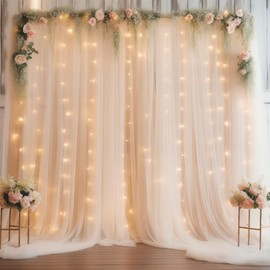 10×10ft Champagne Tulle Backdrop Curtain with Lights String for Parites, Sheer Curtain Backdrop Drapes for Wedding Party Home Decorations