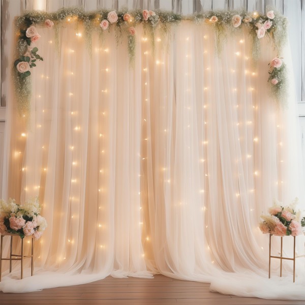 10×10ft Champagne Tulle Backdrop Curtain with Lights String for Parites,