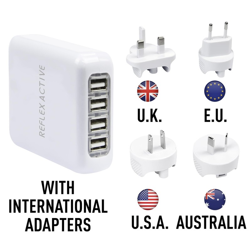 Reflex Active Multi 4 Port USB Power Plug UK/EU/US/ASIA