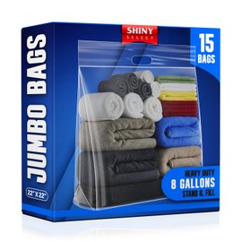 Shiny Select 8 Gallon Jumbo Storage Bag w/Handle & Resealable Zipper Top, 22x22, 15 Bags – Clear Big Plastic, Extra Large XL, 4 Mil Heavy Duty for Toiletries, Clothes, Beach Essentials, Shoes, Toys
