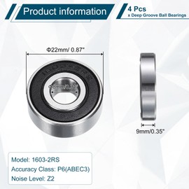 sourcing map 1603-2RS Deep Groove Ball Bearing, 4pcs 8mm x 22mm x 7mm Hign Carbon Chrome Steel Z2 Double Rubber Sealed Bearing (P6)
