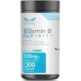 ETERNAL NUTRITION Infinity Complejo B Elevado (300 Cápsulas) | 11 Formas Bioactivas de Vitamina B: B1, B2, B3, B5, B6, B7, B9 y B12 | Alta Absorción | 300 Porciones · 520 mg | Energía y Metabolismo