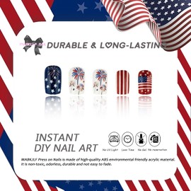 4th of July Press on Nails Medium Square Flag Fake Nails False Nails with Designs Stars Fireworks Full Cover Glossy Glue on Nails Blue Red White Acrylic Nails for Women Girls 24 Pcs
