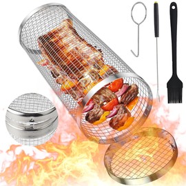 UPGRADE Rolling Grilling Basket,Leak proof Round Stainless Steel BBQ Grill Mesh,Grill Baskets for Outdoor Grill,Barbecue Net Tube Grill Grate for Fish,Vegetable,Fries - Camping Picnic Cookware(Small)