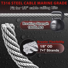 Steel DN Mate 300FT 1/8" T316 Stainless Steel Cable for Deck Cable Railing System, 7x7 Strands Cable Wire Rope with Cutter, Marine Grade Aircraft Cable for Stair Fence Wire Railing